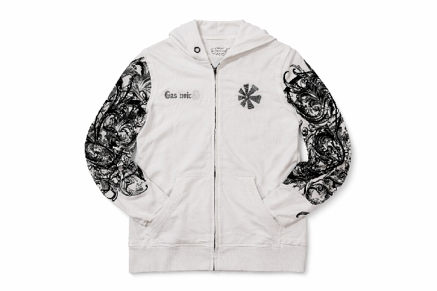 Gas Noir Baroque-Sleeve Zip Hoodie — White/Black