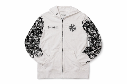 Gas Noir Baroque-Sleeve Zip Hoodie — White/Black